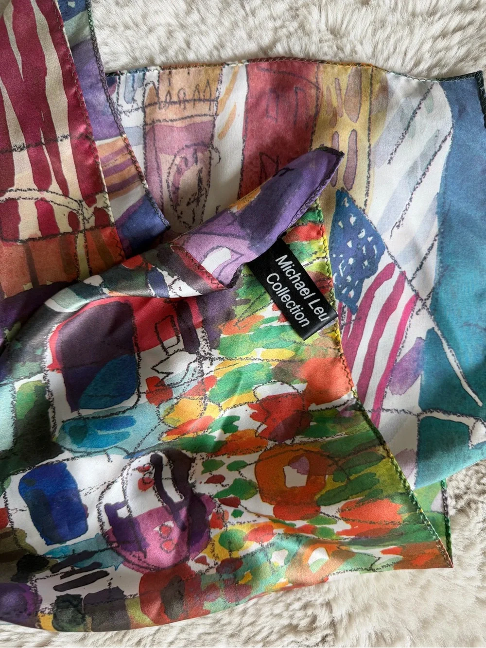 Michael Leu  Printed Silk Scarf - Multicolor Abstract Street Scene
